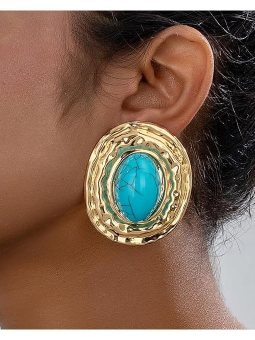 Chunky Gold Turquoise Statement Earrings for Women,Vintage Extra Big Oval Dangle